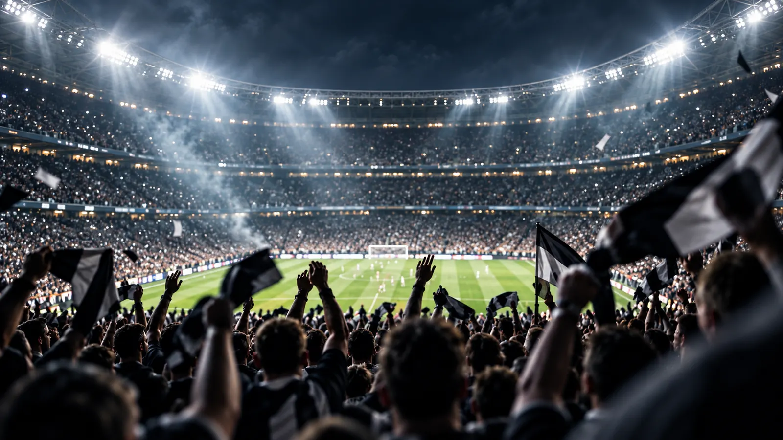 Floodlit stadium packed with supporters at night