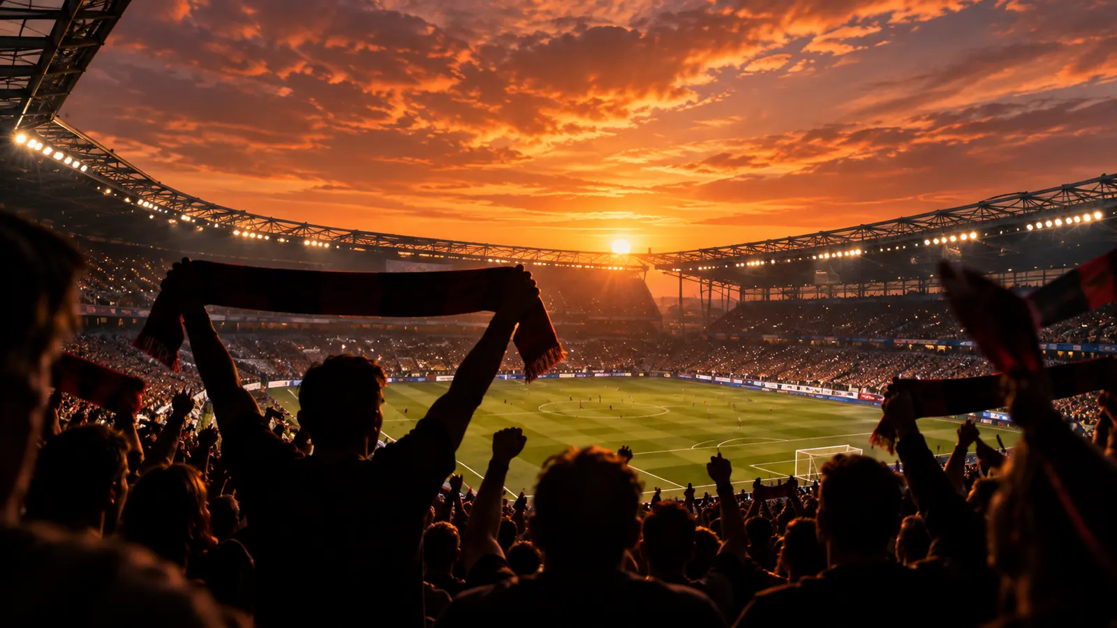 Supporters raising scarves as the sun sets over a stadium