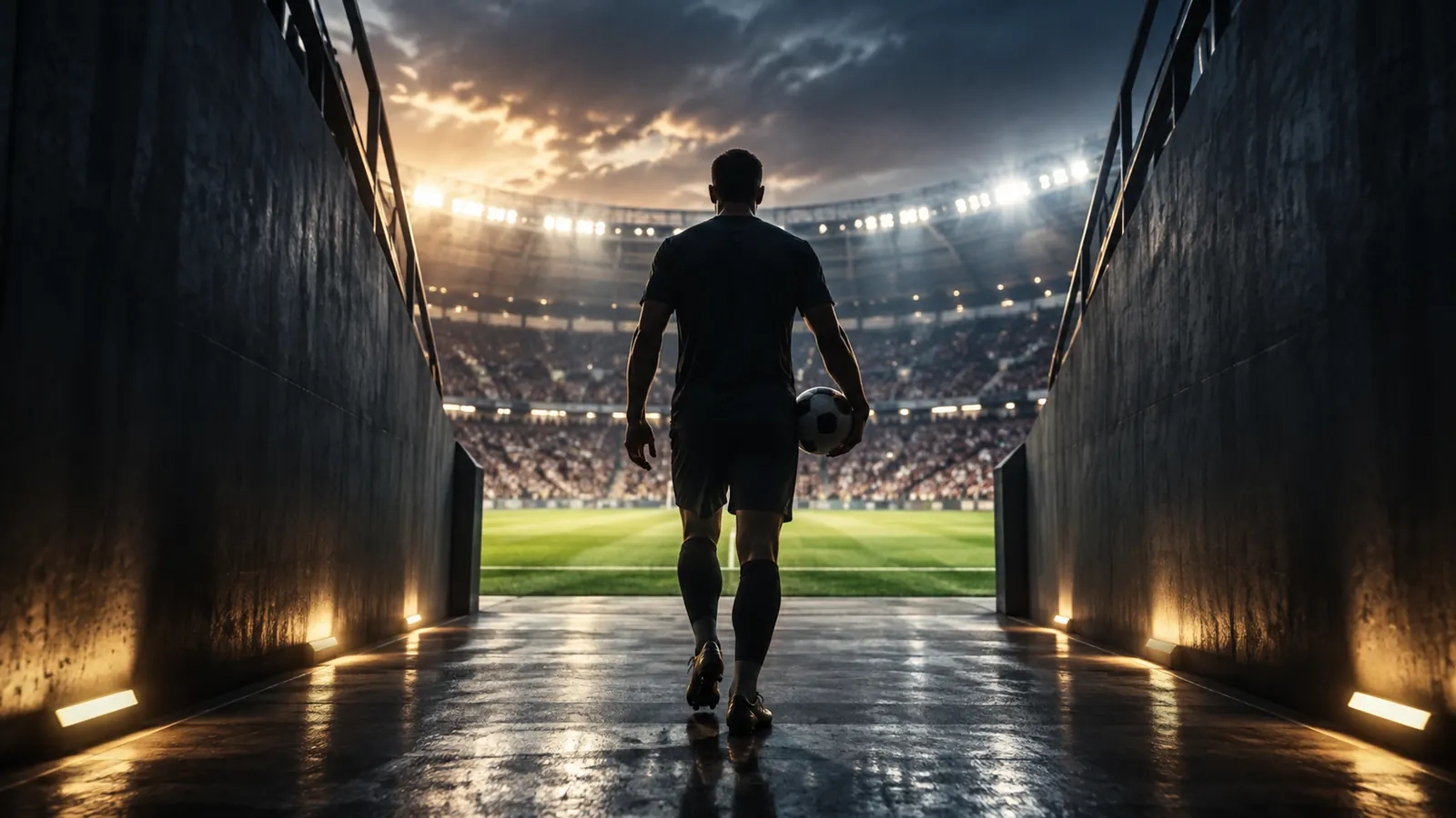 A player walking out of the tunnel towards a floodlit pitch