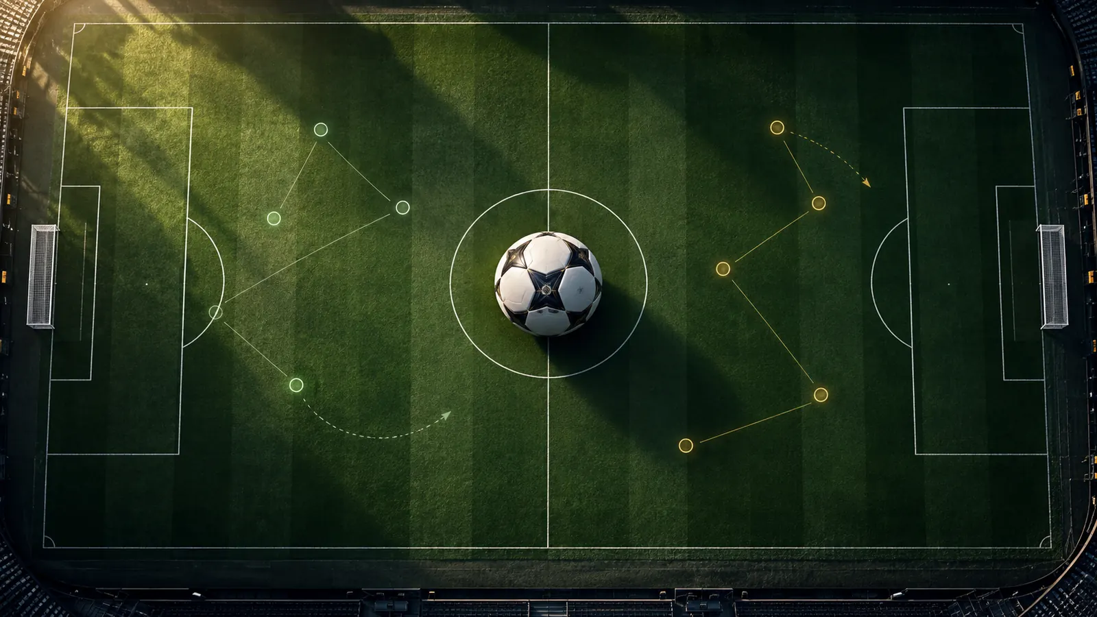 Aerial view of a football pitch with the ball on the centre spot