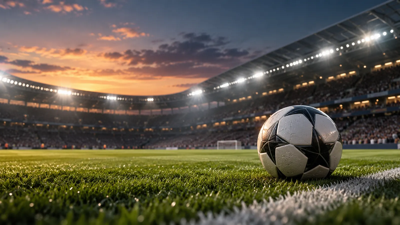 A football on the grass at dusk under stadium floodlights